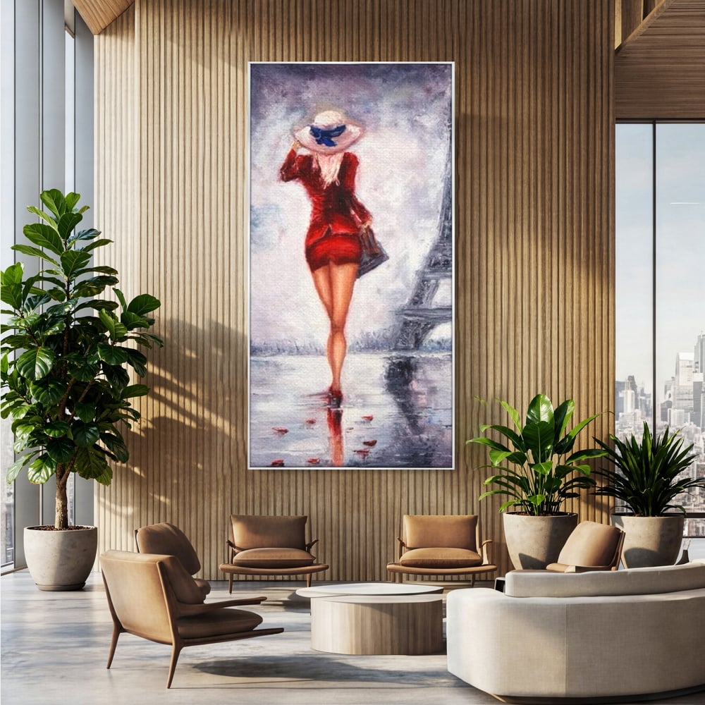 Tablou canvas cu pictura cu femeie in rochie rosie, in rama de aluminiu argintiu, pe perete intr-un birou